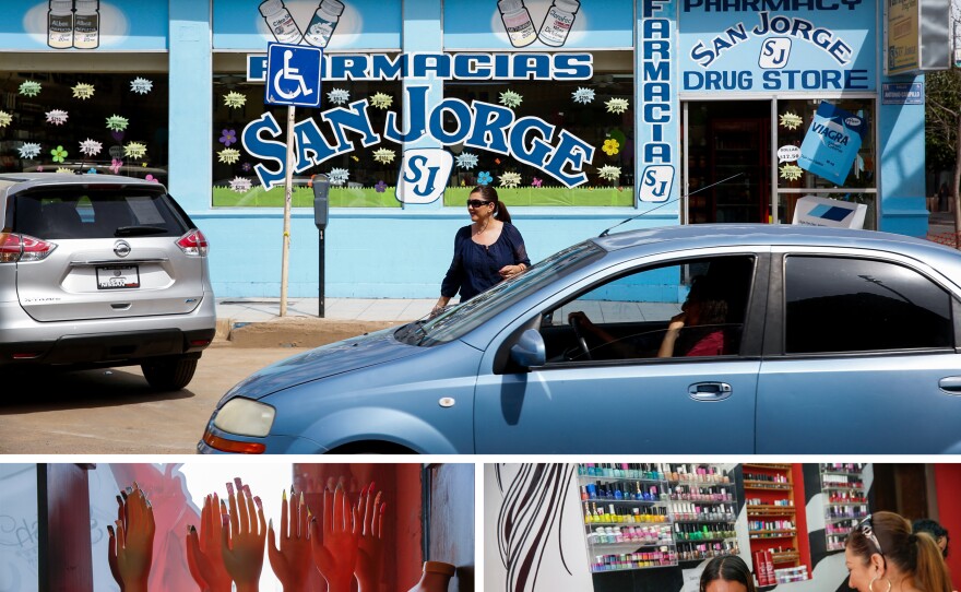 (Top) Nogales, Mexico is packed with pharmacies, salons and dental clinics, offering services at a fraction of what they would cost in the U.S. (Bottom right) Rubi Celeste gives Delia Garza a manicure at Excellence Beauty Salon in Nogales, Sonora, Mexico. (Bottom left) Hand mannequins in the window of the beauty salon.