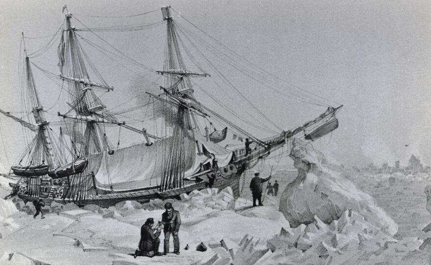 A depiction of the HMS Terror, commanded by the British admiral George Back (1796-1878), trapped in the ice.