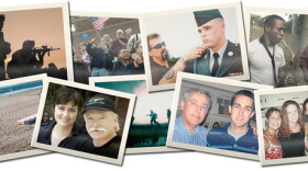 A graphic collage of veterans for the film "My Vietnam Your Iraq."
