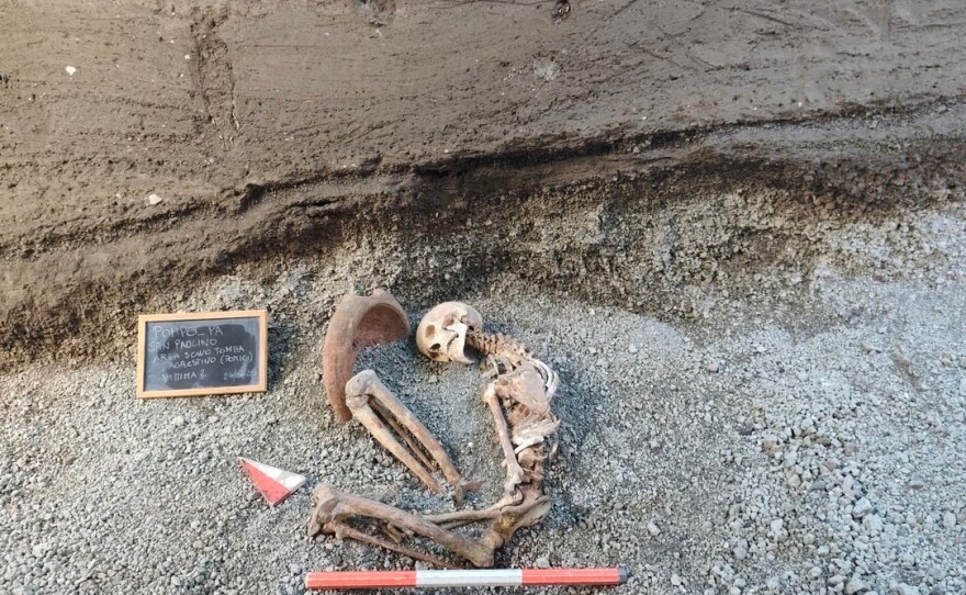 This image released by the Italian Culture Ministry on Monday, April 27, 2026, shows a victim of the AD 79 eruption of Mount Vesuvius, in the Pompeii archaeological area near Naples in southern Italy.