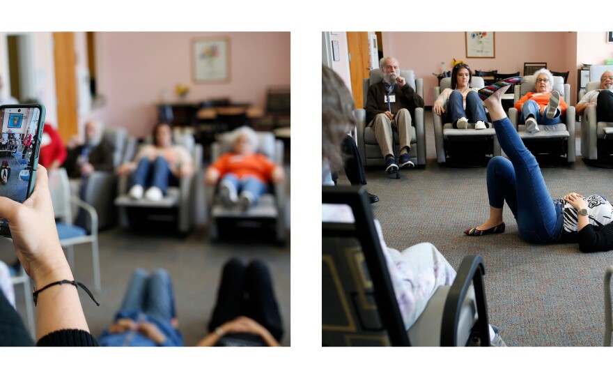 Clients with dementia gather to learn dance movements at the adult day program. Amanda Bulgarelli, a Positive Approach to Care mentor, teaches the movements, then records the routine for TikTok. The post will serve as an example of Positive Approach to Care<strong>® </strong>techniques developed by Teepa Snow for interacting with those living with dementia.