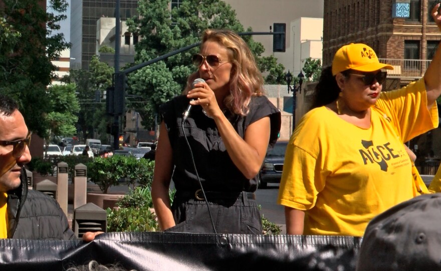 San Diego County Board of Supervisors Chair Terra Lawson-Remer speaks to protesters gathered outside the Edward J. Schwartz Federal Courthouse in downtown San Diego on Sept. 18, 2025.