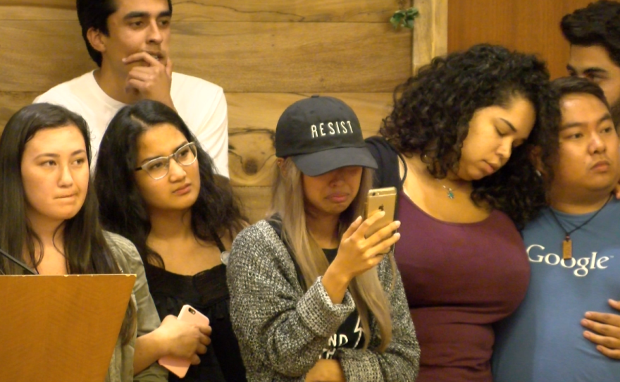 Students who supported a resolution to retire the Aztec mascot at San Diego State University hear Associated Students board members vote down the proposal, April 19, 2017. 