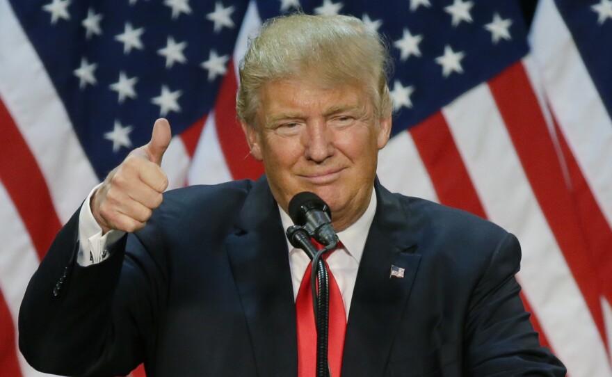 Likely Republican presidential nominee Donald Trump speaks during a rally in Eugene, Ore.