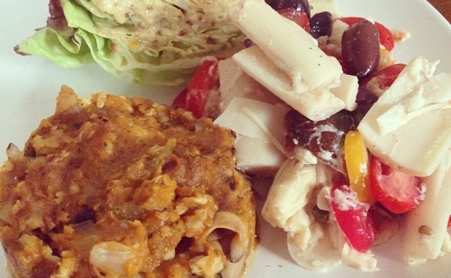 A recent dish that appeared in The Discerning Brute newsletter was butternut squash with trumpet mushrooms, shallots and tempeh, Boston lettuce wedge with horseradish mustard dressing, and hearts of palm salad with tomatoes, capers and olives.