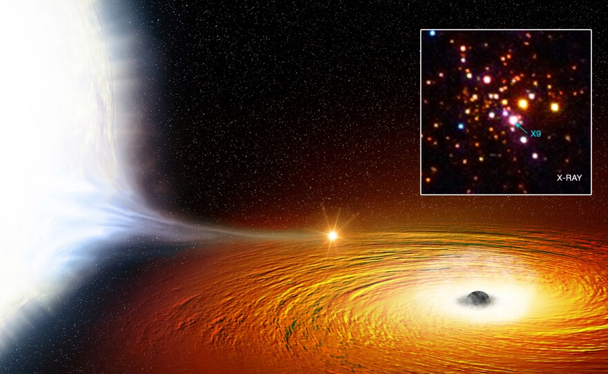 An artist's impression of a white dwarf in an extremely close orbit around what's believed to be a black hole. The star is so close that much of its material is being pulled away.
