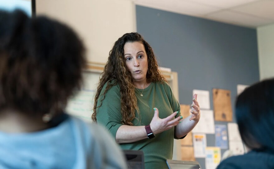 Marisa Silvestri talks with students during her Ethnic Studies Class at Santa Monica High School in Los Angeles on March 28, 2023.