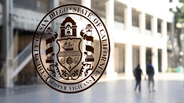 The official seal for the city of San Diego appears on a door to City Hall in this undated photo. 