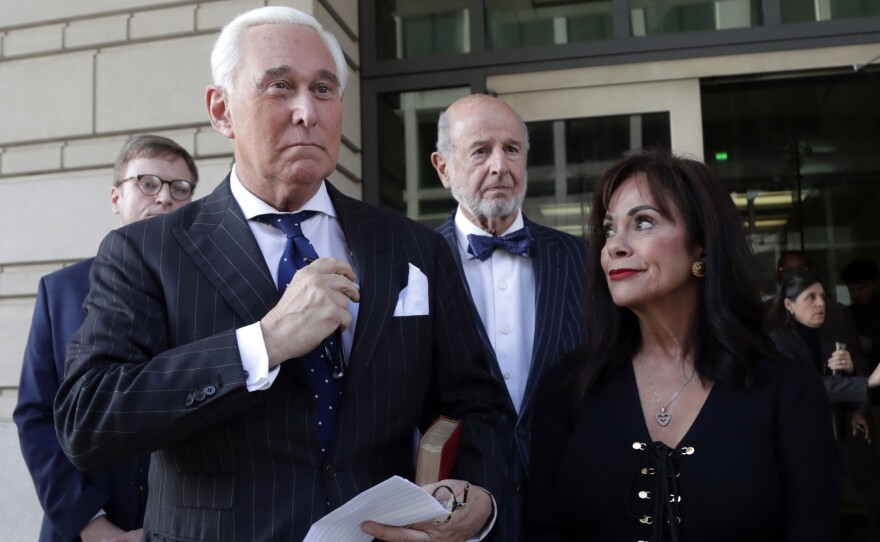 Roger Stone leaves federal court with his wife, Nydia Stone, on the day he was found guilty last fall.