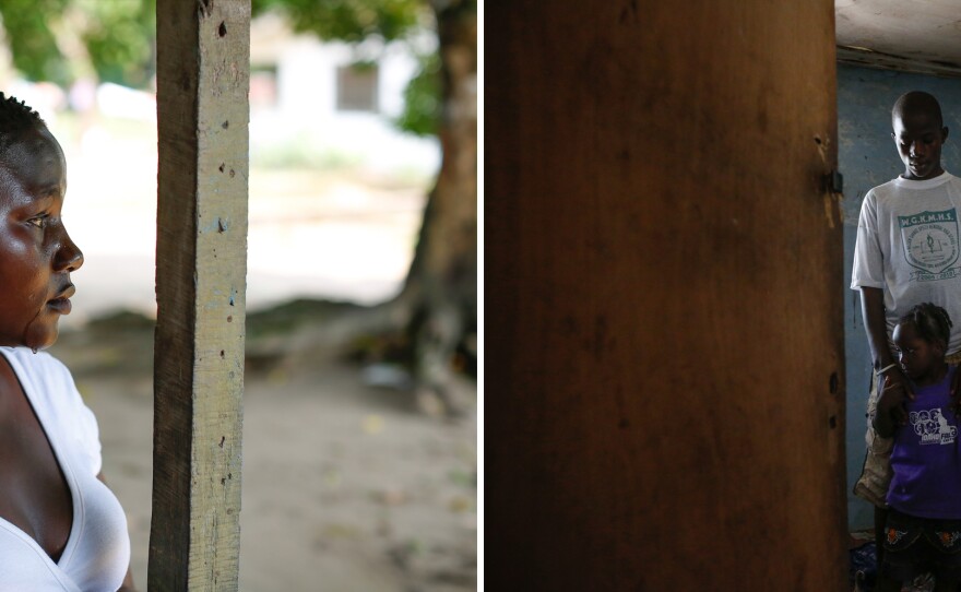 At left, Hawa Kaifa, 21, cries while talking about her mother, who died of Ebola. Kaifa is now the primary caregiver for her brother Morris, 15, and sister Benetta, 4.