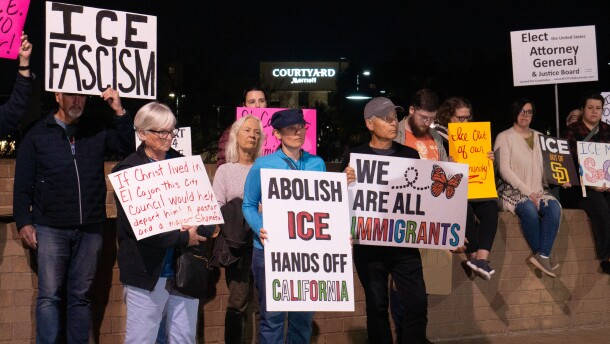El Cajon community members protest before and during Tuesday's city council meeting on Jan. 27, 2026.