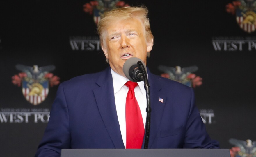President Donald Trump speaks to United States Military Academy graduating cadets during commencement ceremonies.
