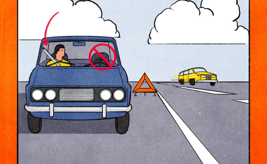 Sitting in the passenger's seat can be safer than sitting in the driver's seat if you're parked on the right shoulder of the road awaiting help. And remember to buckle up.