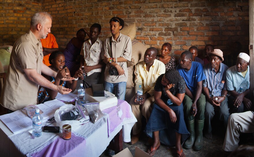 Shawn Askinosie, founder of Askinosie Chocolate, buys cocoa beans directly from farmers, like this Uwate cocoa farmers group in Tenende, Tanzania. Dealing direct "impacts the flavor of coffee, and it brings the consumers closer to the producers," Askinosie says.