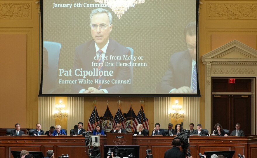 A video of Pat Cipollone, former White House counsel, is shown on a screen during the seventh hearing held by the Select Committee to Investigate the January 6th Attack on the U.S. Capitol on Tuesday.