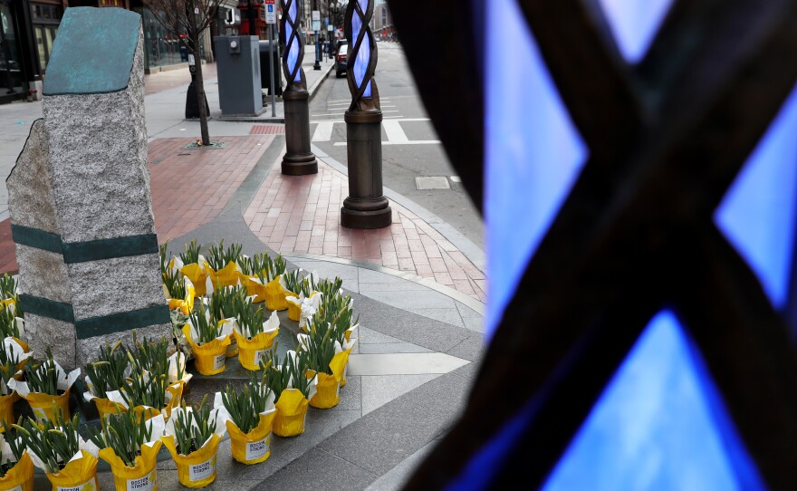 Flowers were placed at the memorial to the victims of the Boston Marathon bombings on April 20.
