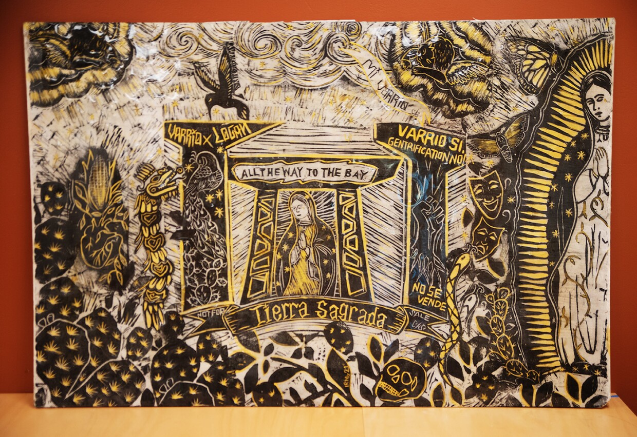 Printmaking artwork by Irie Zepeda is shown at the Chicano Park Museum and Cultural Center on Oct. 7, 2025.