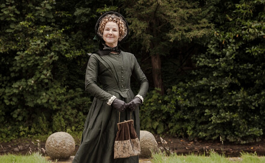 Miss Clack (Sarah Hadland) in a scene from THE MOONSTONE.