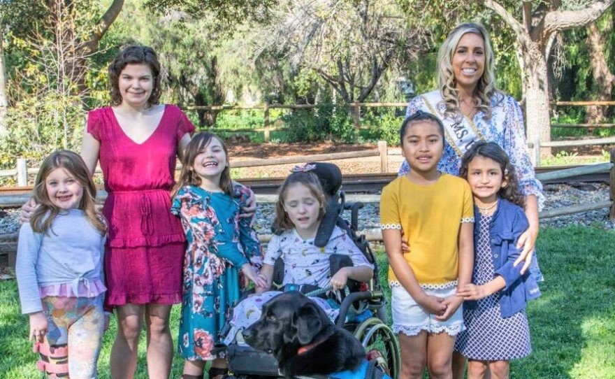 Bree Goelze (right) is the 2022 Miss US and founder of the new Miss California Extraordinaire pageant. The young contestants are differently-abled, Poway, Calif., March 18, 2023. <br/>