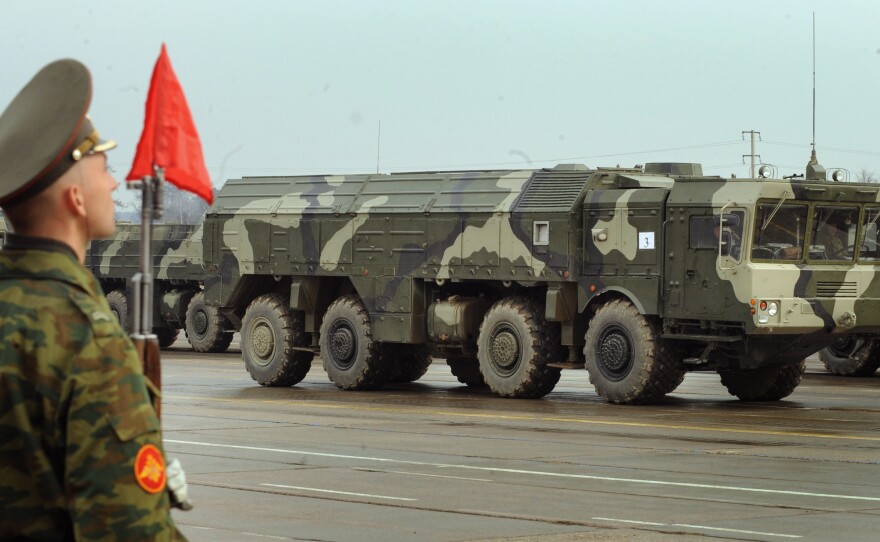 A picture taken on April 20, 2010, shows a Russian nuclear-capable Iskander ballistic missile launcher during a military parade rehearsal outside Moscow. Russia transferred Iskander-M missile launchers within range of three Baltic states earlier this month.