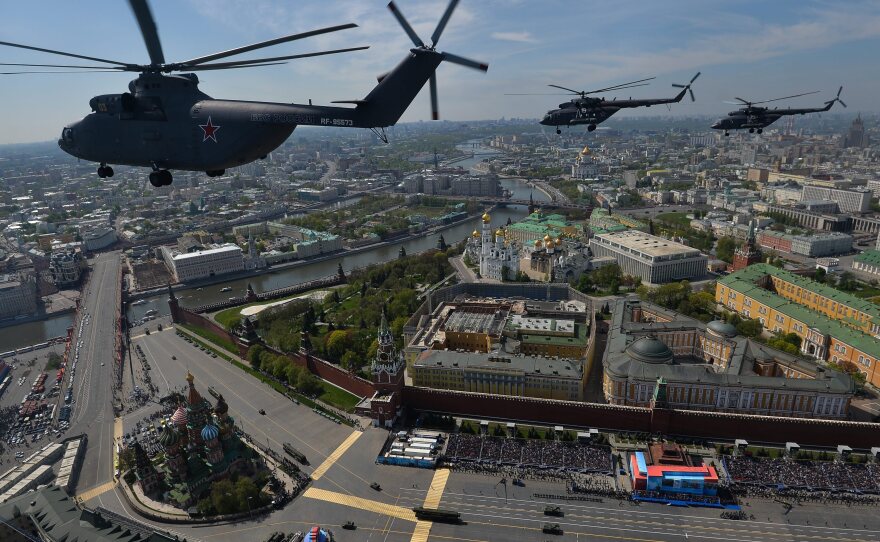 Halo helicopters take part in the Victory Day Parade in the Red Square.
