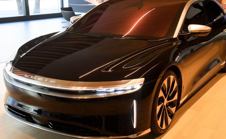 A Lucid Air Grand Touring electric luxury car is displayed at the Lucid Motors' studio and service center in Beverly Hills, Calif., on Feb. 25. Lucid is another electric startup attracting a lot of buzz.