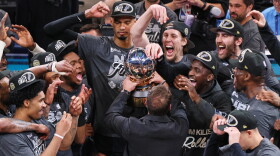 The San Antonio Spurs celebrate after defeating the Oklahoma City Thunder in the Western Conference finals of the NBA basketball playoffs series Saturday, May 30, 2026, in Oklahoma City.