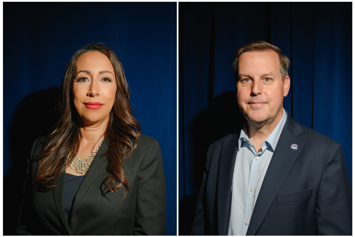 Imperial Beach Mayor Paloma Aguirre and Chula Vista Mayor John McCann stand for portraits at the KPBS studios in May 2025.