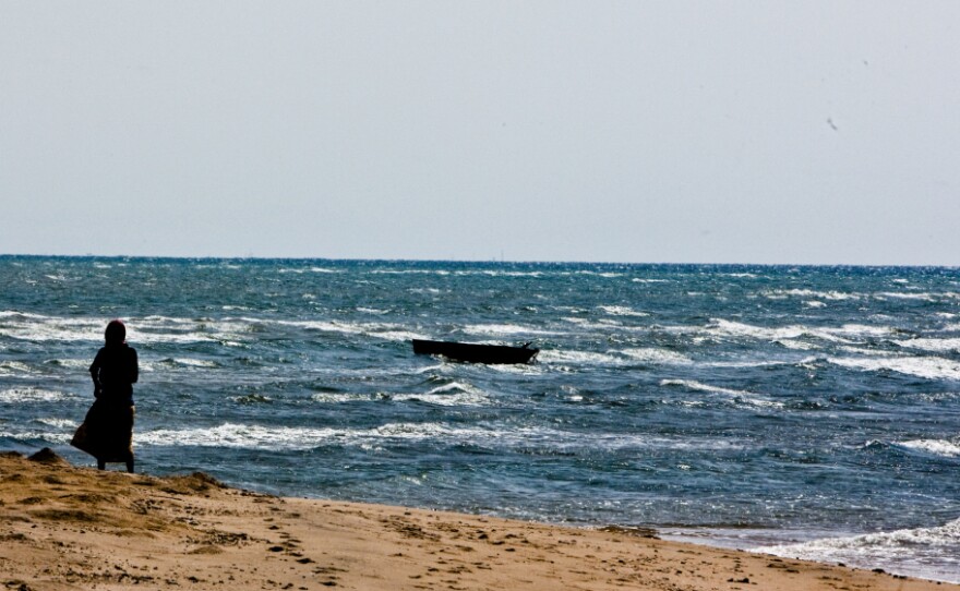 A fishing boat bobs in the waves along the Somaliland coast looking out on the  Gulf of Aden, a favorite area for pirate  attacks.