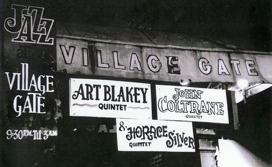 A photo of the marquee at the Village Gate in New York, advertising John Coltrane's performances in the summer of 1961.