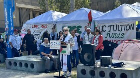 Rev. Rebecca Littlejohn, Pastor of Vista La Mesa Christian Church, joins a group of faith leaders, Friday, in a show of support for UC San Diego students occupying an encampment on campus, La Jolla, Calif., May 3, 2024