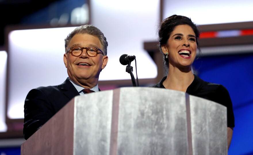 Comedian Sarah Silverman and Sen. Al Franken take the stage on Monday evening. Silverman, a Bernie Sanders supporter, praised Sanders but urged support for Hillary Clinton.