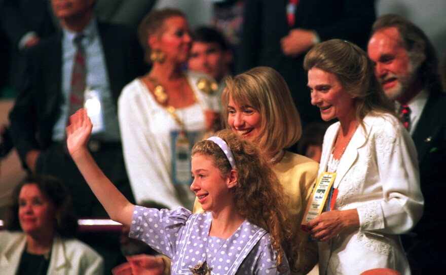 Chelsea Clinton with her mother, Hillary Clinton, at the 1992 Democratic National Convention in New York City where her father accepted the Democratic nomination.