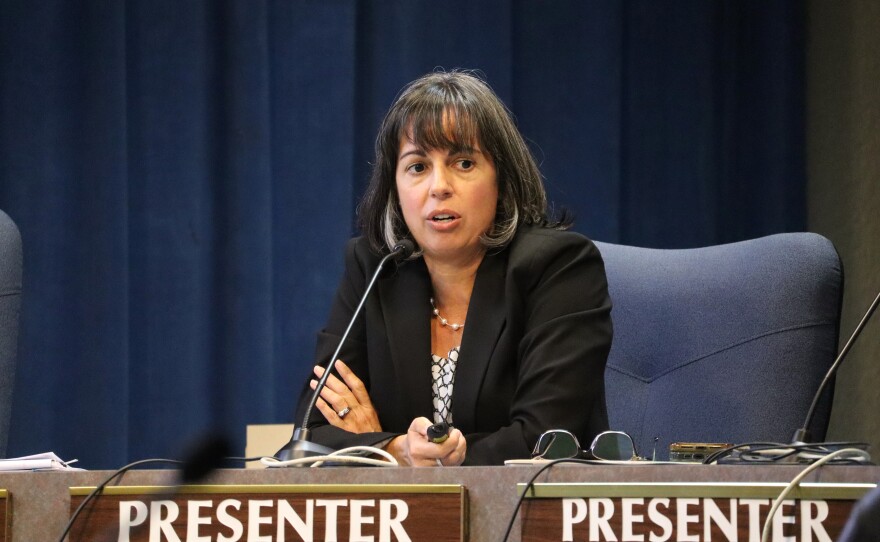 San Diego Unified School District Deputy Superintendent Nicole DeWitt at a school board meeting on Tuesday, Oct. 14, 2025.