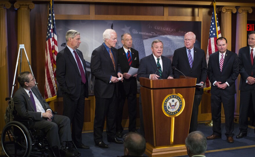 "This is the best chance in a generation to reform our federal drug sentencing law," Sen. Richard Durbin (center) said Thursday. He and other lawmakers held a news conference about proposed criminal sentencing reform legislation.