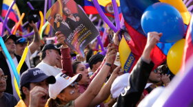 Supporters cheer during a campaign rally of presidential candidate Abelardo de la Espriella of the Defenders of the Motherland movement in Bogota, Colombia,  May 20, 2026.