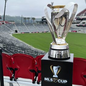 The MLS Cup trophy on display at Snapdragon Stadium, May 18, 2023.