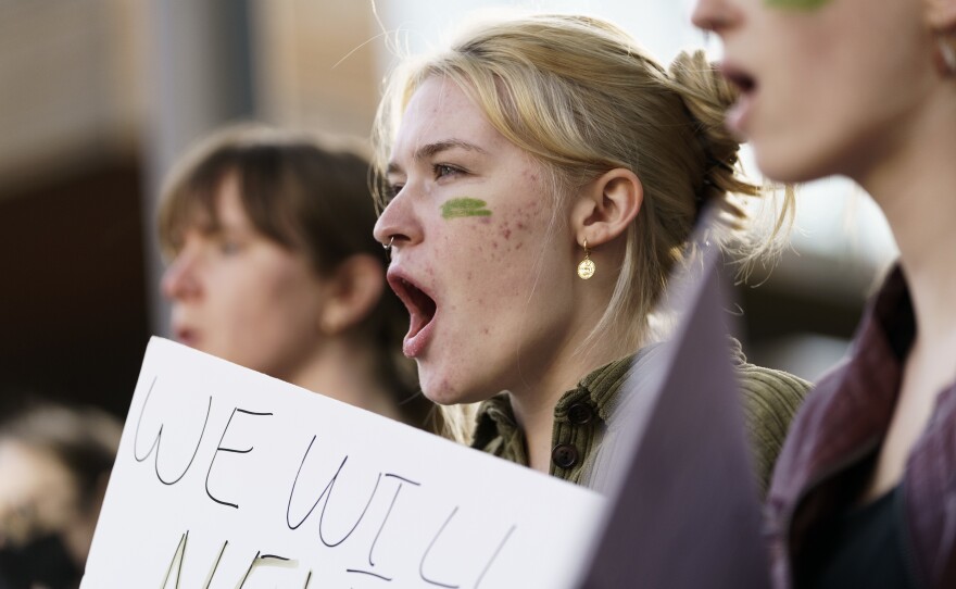 <strong>Portland</strong>: Emma Giometti, 19, at an emergency protest held at Portland State University.
