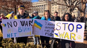 Tetiana Tytko (center) participates in a student protest against Russia's war in Ukraine. She is one of the several Ukrainian students studying in the U.S. who spoke to NPR about their experience in recent weeks.