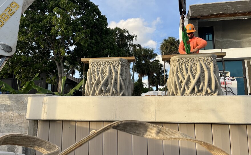 An experiment in nature-inspired design is underway in a South Florida residential canal. Two mangrove planters are being installed on a new seawall to provide habitat for marine wildlife.