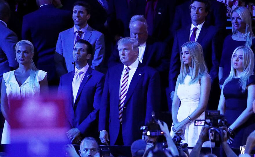 Vanessa Trump (from left), Donald Trump Jr., Republican presidential candidate Donald Trump, Ivanka Trump and Tiffany Trump stand following Sen. Ted Cruz's speech during the third day of the Republican National Convention.