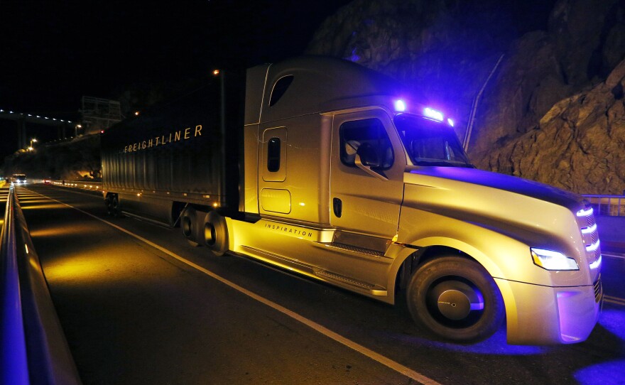 The Daimler Freightliner Inspiration, a self-driving long-haul truck, is seen during an event at the Hoover Dam, May 5, 2015, near Boulder City, Nev.