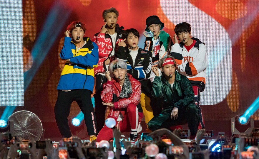 BTS performs on <em>Jimmy Kimmel Live!</em> in 2017.