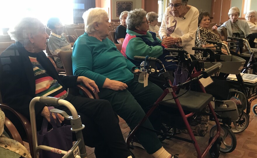 Some residents at Seacrest Village Retirement Community in Encinitas gather to discuss the upcoming election, May 2, 2018.