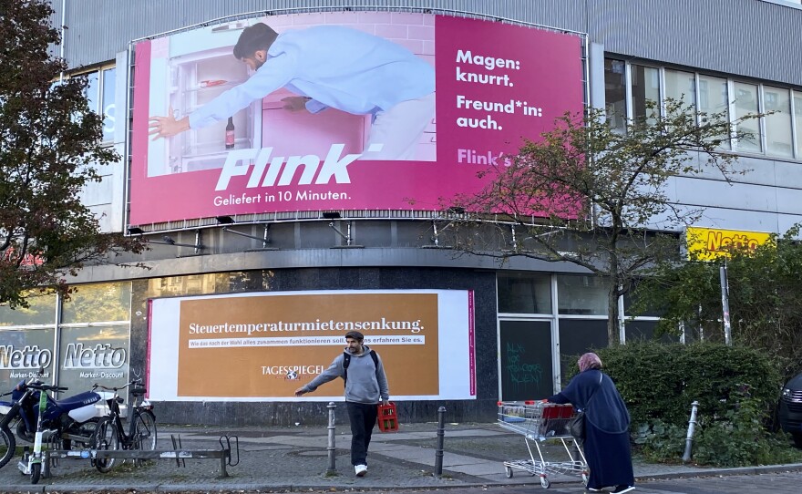 A billboard advertisement for the delivery service Flink in Berlin uses what's called the "gender star" in the word <em>Freund*in</em>, a gender-neutral word for romantic partner.