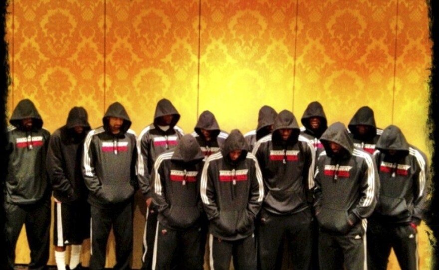 Miami Heat players wear team hoodies in this image posted to LeBron James' Twitter page. NBA stars Dwyane Wade and James decided Thursday to make their reactions to Trayvon's death public.