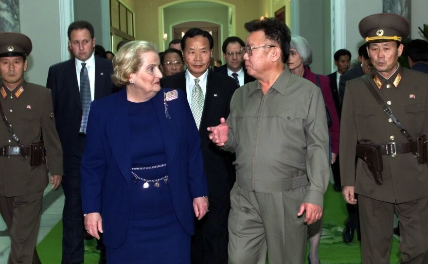 North Korean leader Kim Jong Il and Secretary of State Madeleine Albright met in Pyongyang on Oct. 23, 2000. Tong Kim (between Albright and Kim) served as the State Department interpreter.