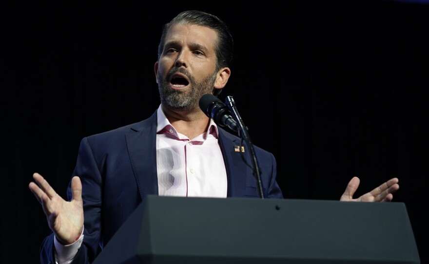 Twitter confirmed that it had placed temporary restrictions on the account of Donald Trump Jr., shown here speaking at an event in Phoenix last month.