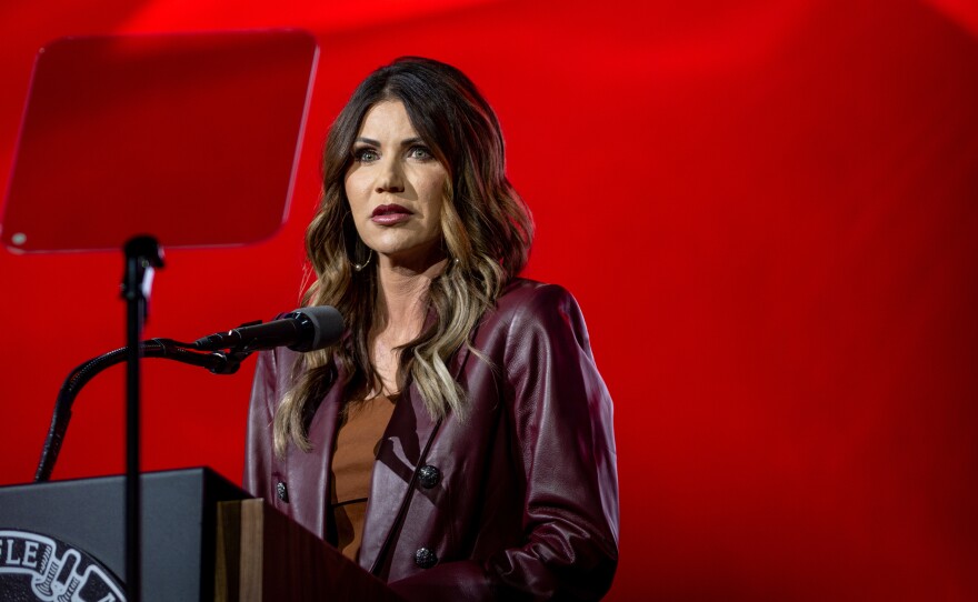 South Dakota Gov. Kristi Noem speaks during the National Rifle Association annual convention at the George R. Brown Convention Center in Houston on May 27, 2022.