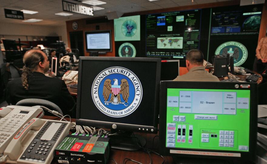 A computer workstation bears the National Security Agency logo inside the Threat Operations Center in the Washington suburb of Fort Meade, Md.